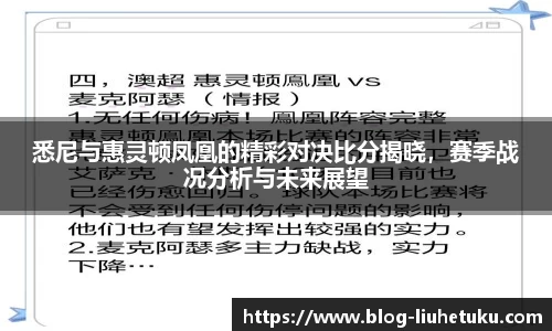 悉尼与惠灵顿凤凰的精彩对决比分揭晓，赛季战况分析与未来展望